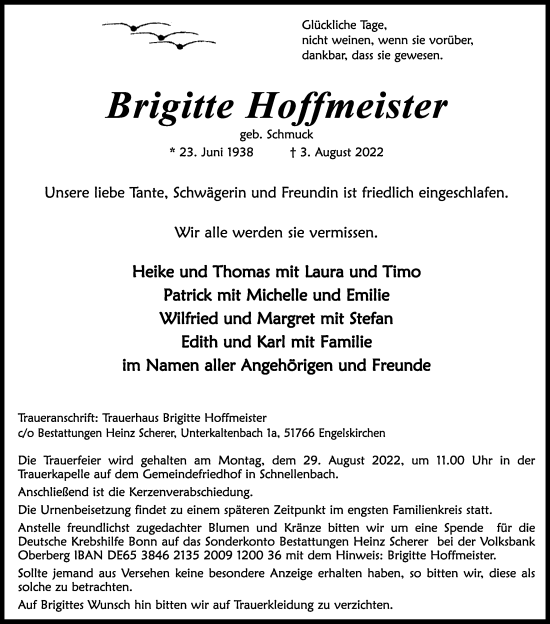 Anzeige von Brigitte Hoffmetster von Kölner Stadt-Anzeiger / Kölnische Rundschau / Express