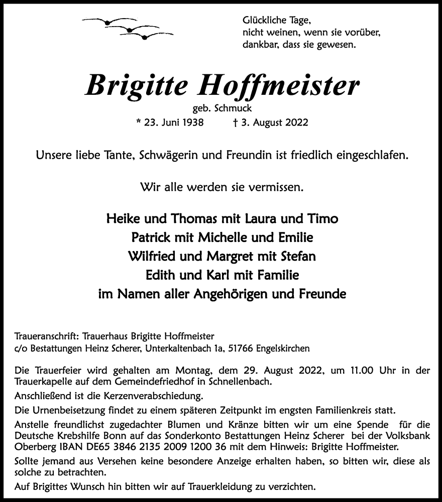  Traueranzeige für Brigitte Hoffmetster vom 13.08.2022 aus Kölner Stadt-Anzeiger / Kölnische Rundschau / Express