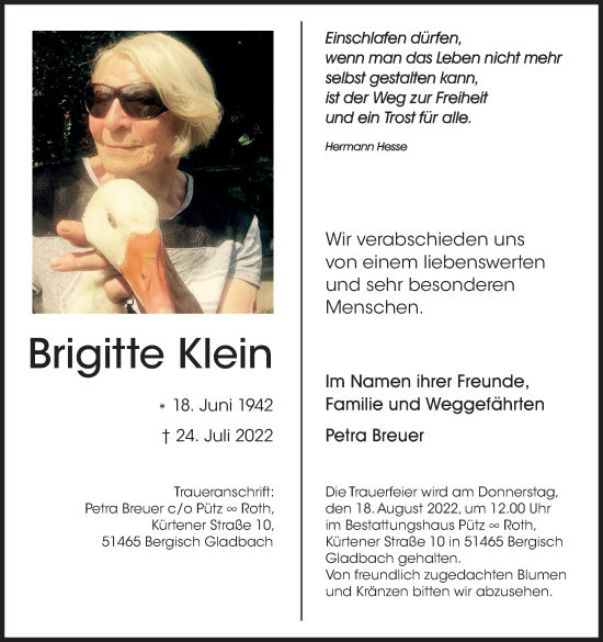 Anzeige von Brigitte Klein von Kölner Stadt-Anzeiger / Kölnische Rundschau / Express