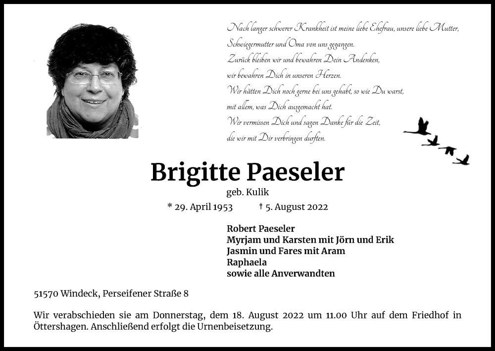  Traueranzeige für Brigitte Paeseler vom 13.08.2022 aus Kölner Stadt-Anzeiger / Kölnische Rundschau / Express