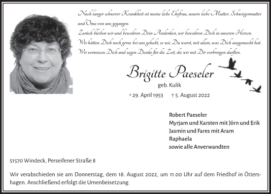 Anzeige von Brigitte Paeseler von  Lokalanzeiger 