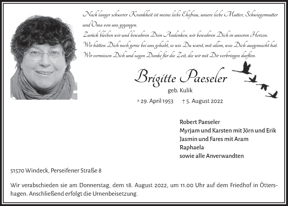  Traueranzeige für Brigitte Paeseler vom 12.08.2022 aus  Lokalanzeiger 