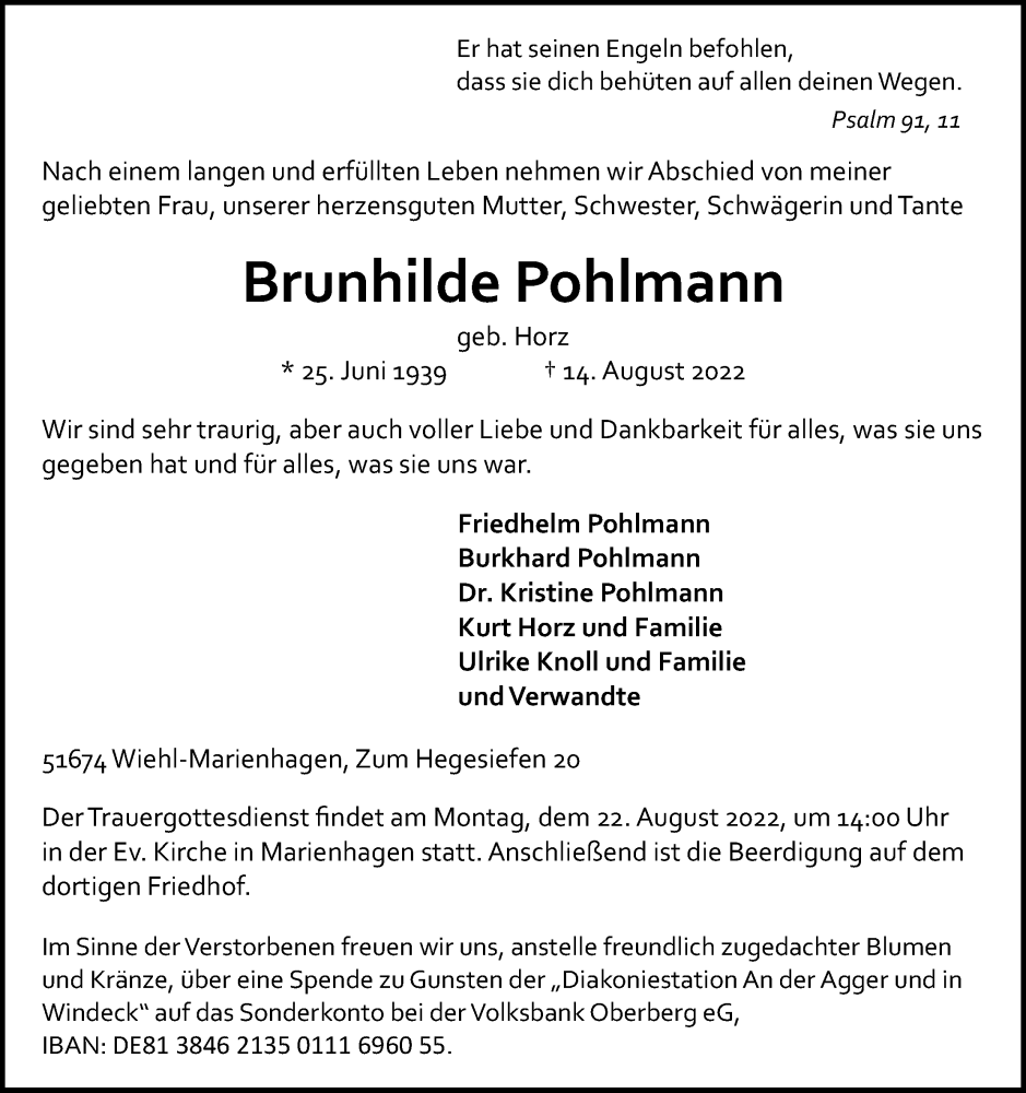  Traueranzeige für Brunhilde Pohlmann vom 17.08.2022 aus Kölner Stadt-Anzeiger / Kölnische Rundschau / Express