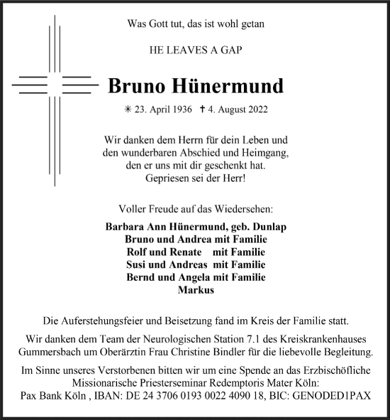 Anzeige von Bruno Hünermund von  Anzeigen Echo 