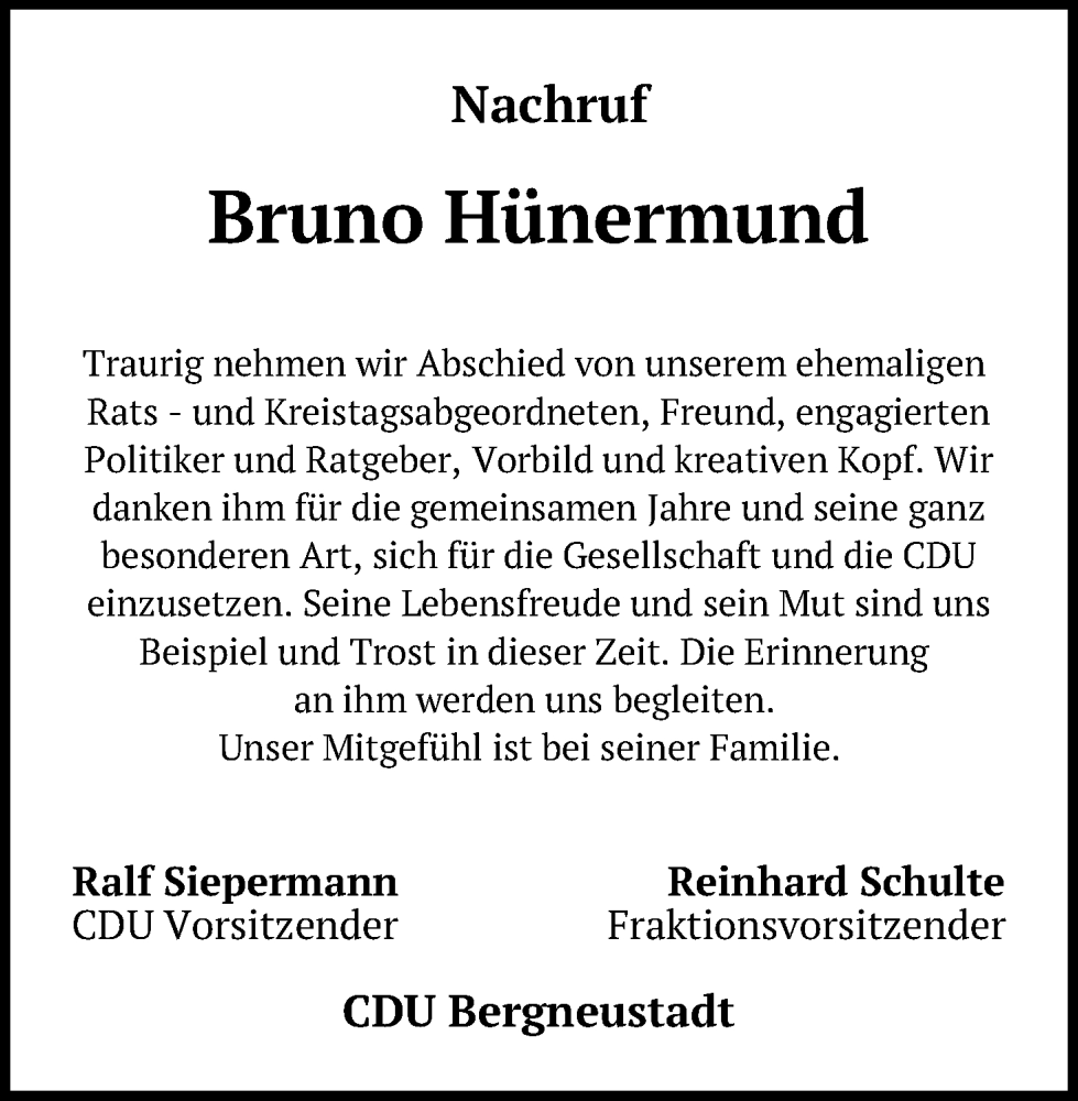  Traueranzeige für Bruno Hünermund vom 27.08.2022 aus Kölner Stadt-Anzeiger / Kölnische Rundschau / Express