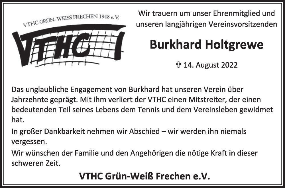  Traueranzeige für Burkhard Holtgrewe vom 26.08.2022 aus  Wochenende 