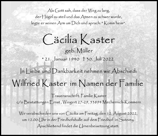 Anzeige von Cäcilia Kaster von  Blickpunkt Euskirchen 