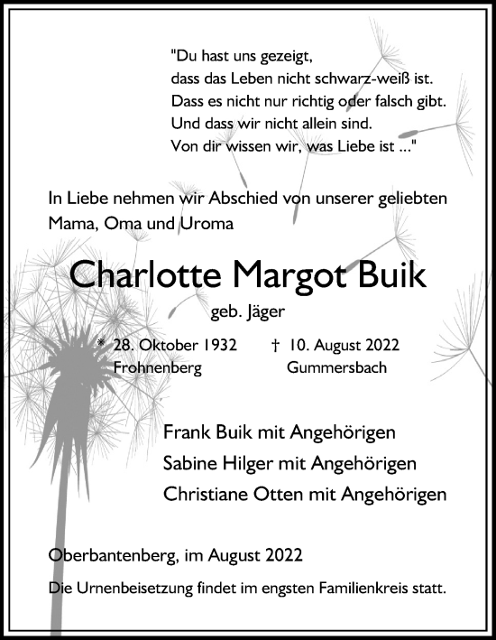 Anzeige von Charlotte Margot Buik von Kölner Stadt-Anzeiger / Kölnische Rundschau / Express