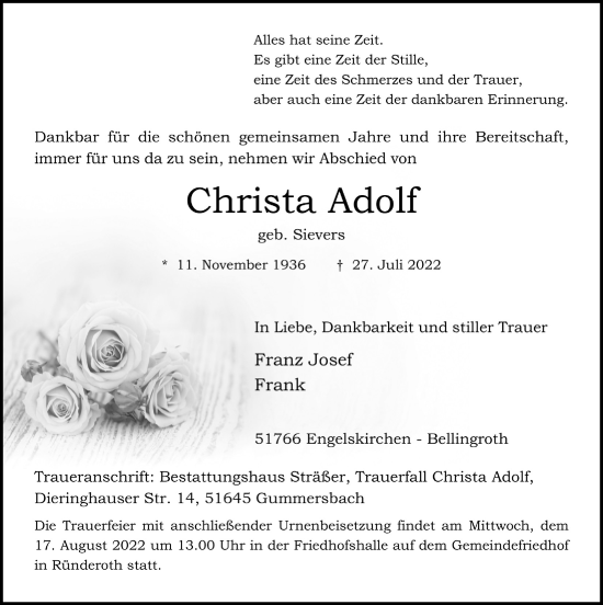 Anzeige von Christa Adolf von  Anzeigen Echo 