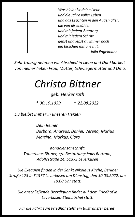 Anzeige von Christa Bittner von Kölner Stadt-Anzeiger / Kölnische Rundschau / Express
