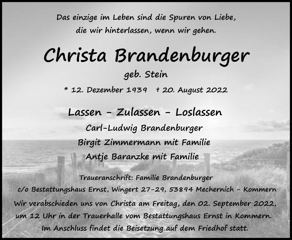  Traueranzeige für Christa Brandenburger vom 27.08.2022 aus  Blickpunkt Euskirchen 