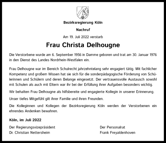 Anzeige von Christa Delhougne von Kölner Stadt-Anzeiger / Kölnische Rundschau / Express