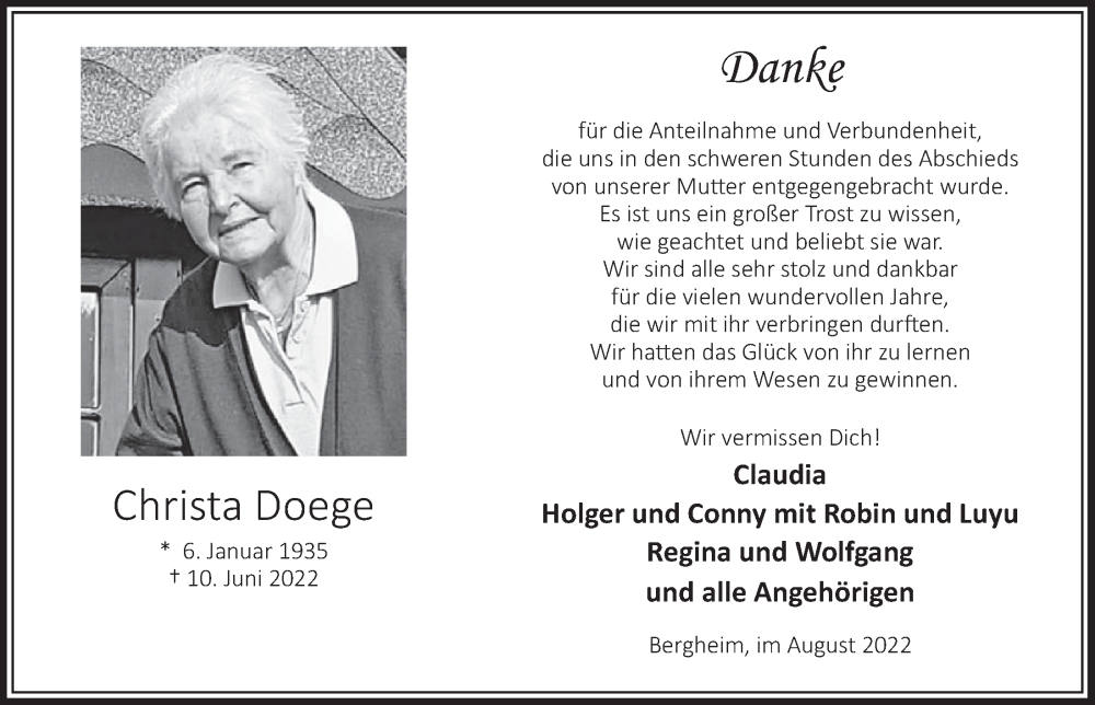  Traueranzeige für Christa Doege vom 19.08.2022 aus  Werbepost 