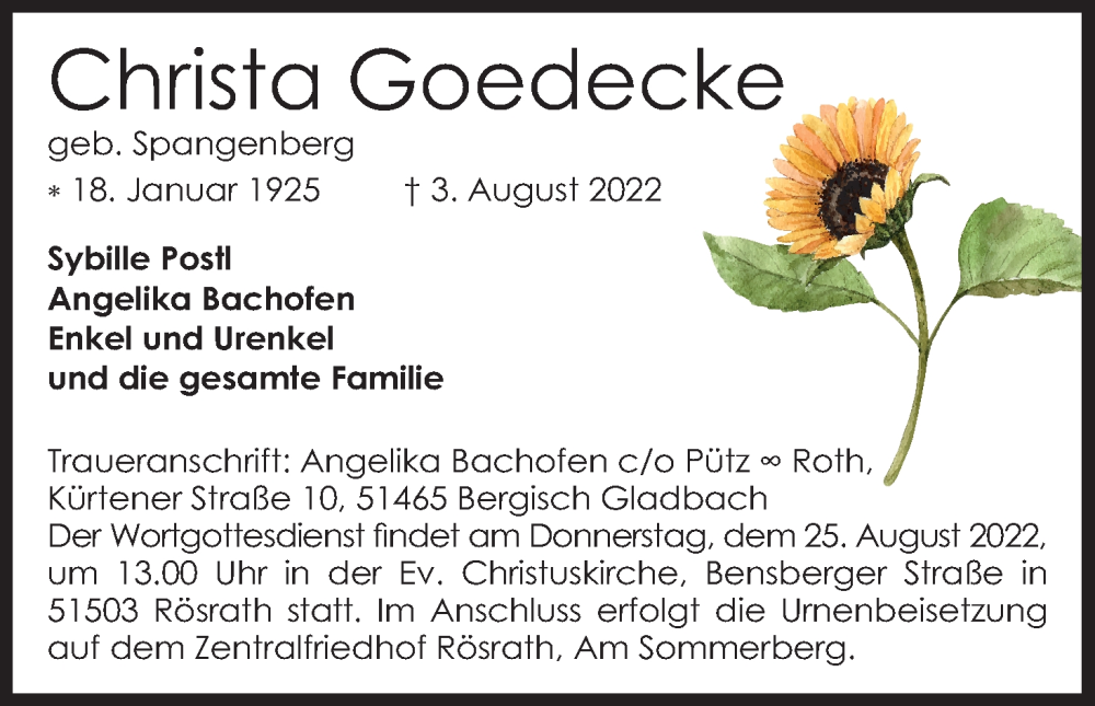  Traueranzeige für Christa Goedecke vom 20.08.2022 aus Kölner Stadt-Anzeiger / Kölnische Rundschau / Express