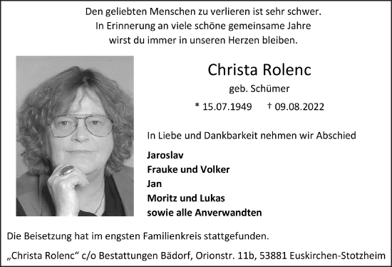 Anzeige von Christa Rolenc von  Blickpunkt Euskirchen 