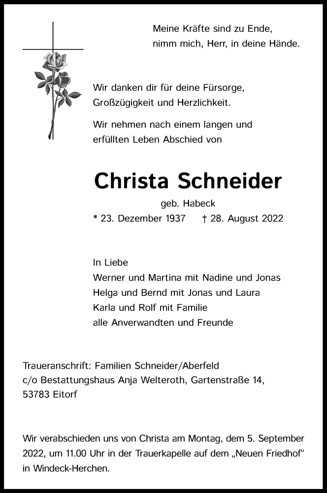 Traueranzeige für Christa Schneider vom 31.08.2022 aus Kölner Stadt-Anzeiger / Kölnische Rundschau / Express