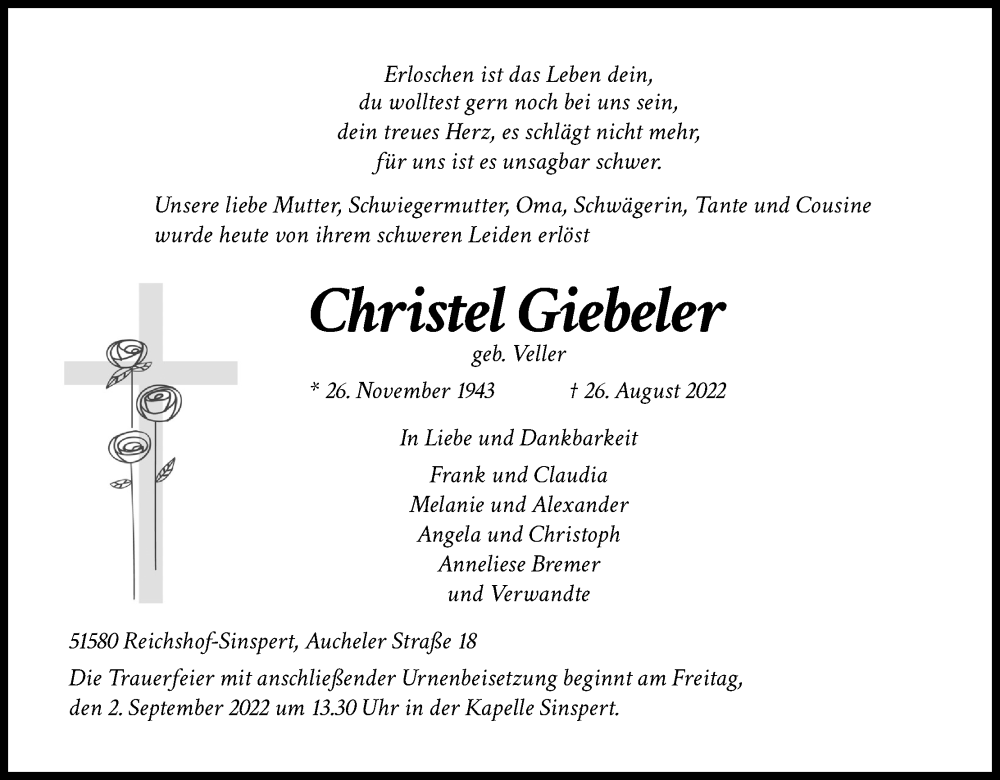  Traueranzeige für Christel Giebeler vom 30.08.2022 aus Kölner Stadt-Anzeiger / Kölnische Rundschau / Express
