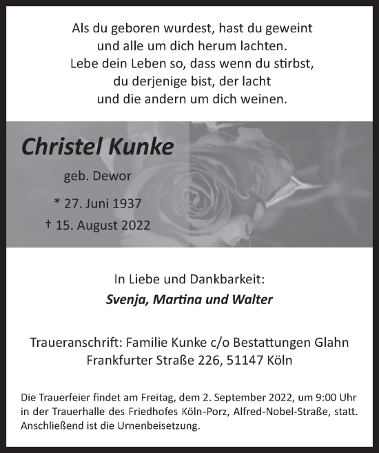 Anzeige von Christel Kunke von  EXPRESS - Die Woche 