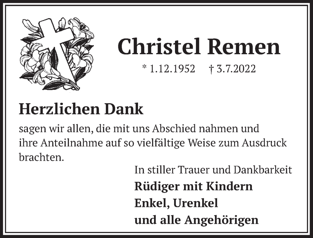  Traueranzeige für Christel Remen vom 12.08.2022 aus  Werbepost 