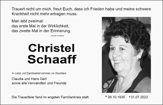 Anzeige von Christel Schaaff von  Anzeigen Echo 