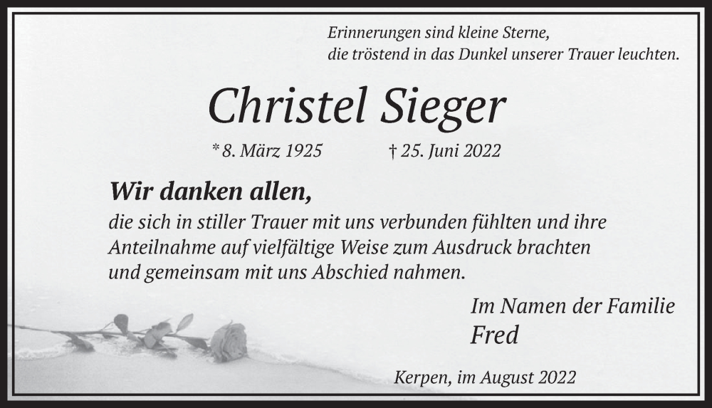  Traueranzeige für Christel Sieger vom 26.08.2022 aus  Werbepost 