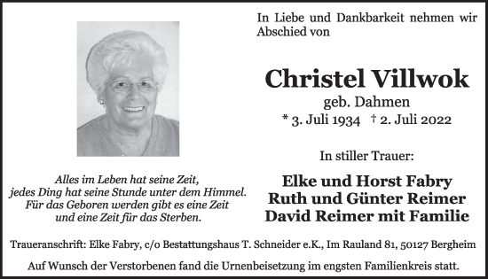 Anzeige von Christel Villwok von  Werbepost 