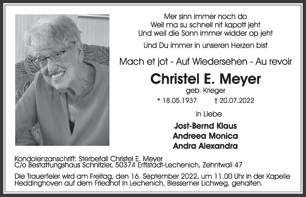  Traueranzeige für Christel E. Meyer vom 26.08.2022 aus  Werbepost 