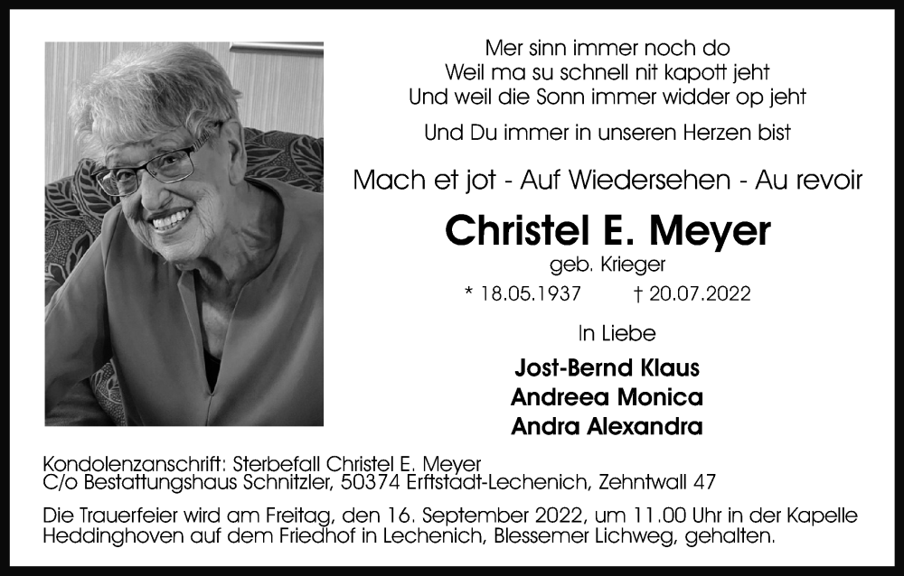  Traueranzeige für Christel E. Meyer vom 27.08.2022 aus Kölner Stadt-Anzeiger / Kölnische Rundschau / Express