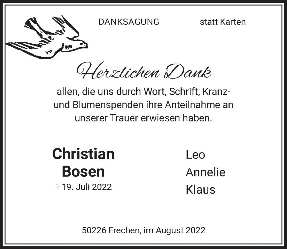  Traueranzeige für Christian Bosen vom 26.08.2022 aus  Wochenende 