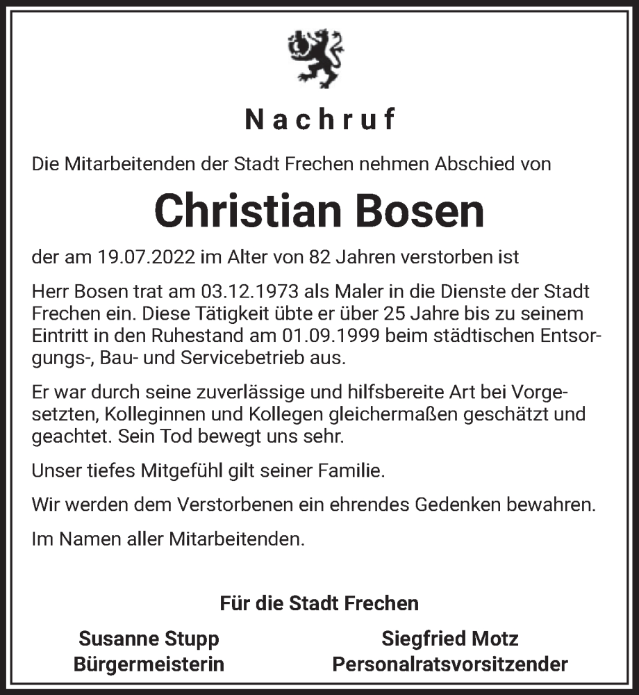  Traueranzeige für Christian Bosen vom 26.08.2022 aus  Wochenende 