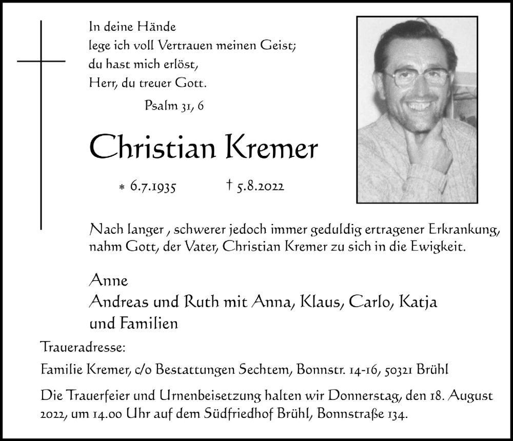  Traueranzeige für Christian Kremer vom 12.08.2022 aus  Schlossbote/Werbekurier 