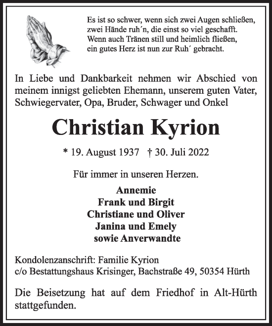 Anzeige von Christian Kyrion von  Wochenende 