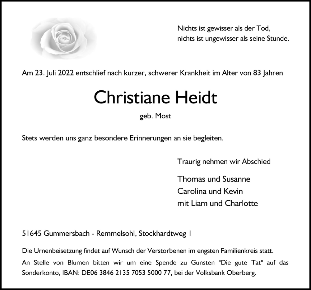  Traueranzeige für Christiane Heidt vom 05.08.2022 aus  Anzeigen Echo 