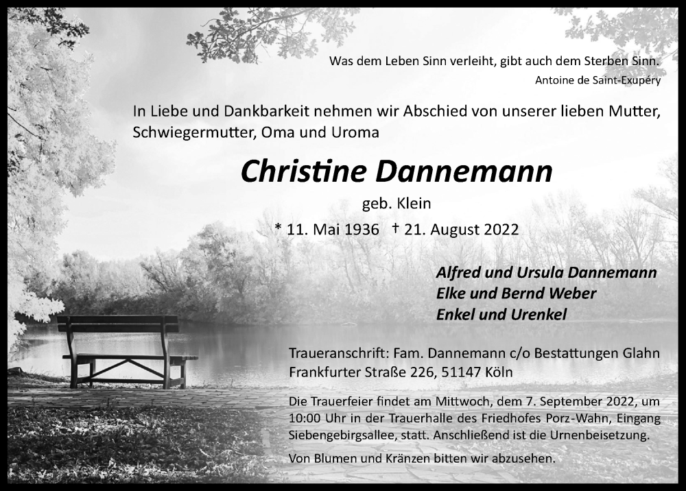  Traueranzeige für Christine Dannemann vom 26.08.2022 aus  EXPRESS - Die Woche 