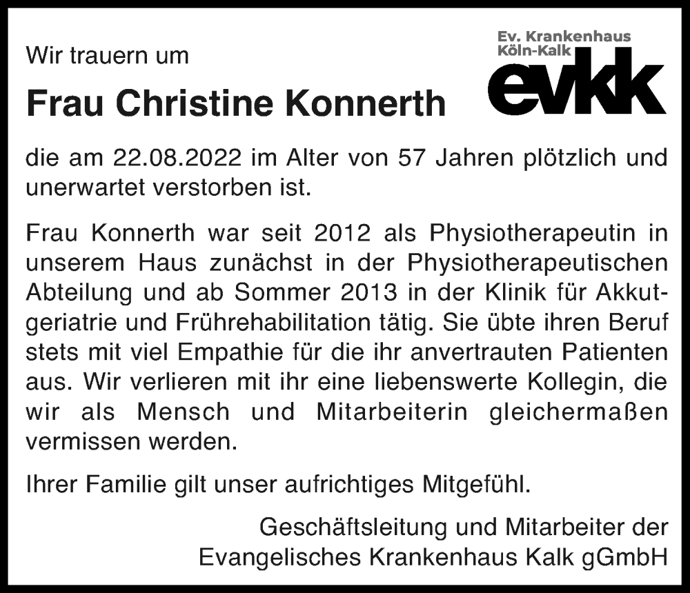  Traueranzeige für Christine Konnerth vom 31.08.2022 aus Kölner Stadt-Anzeiger / Kölnische Rundschau / Express