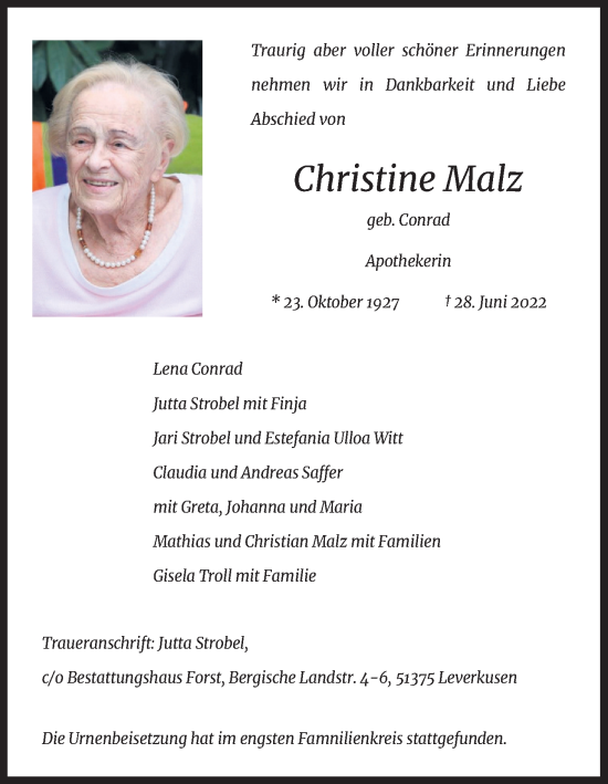 Anzeige von Christine Malz von Kölner Stadt-Anzeiger / Kölnische Rundschau / Express
