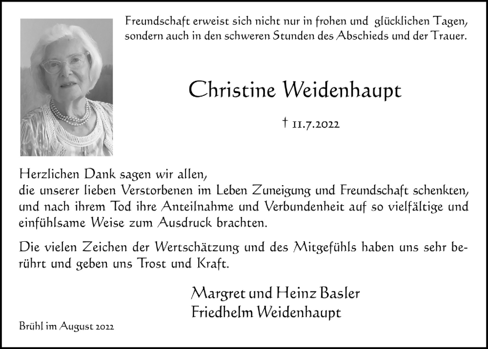  Traueranzeige für Christine Weidenhaupt vom 26.08.2022 aus  Schlossbote/Werbekurier 