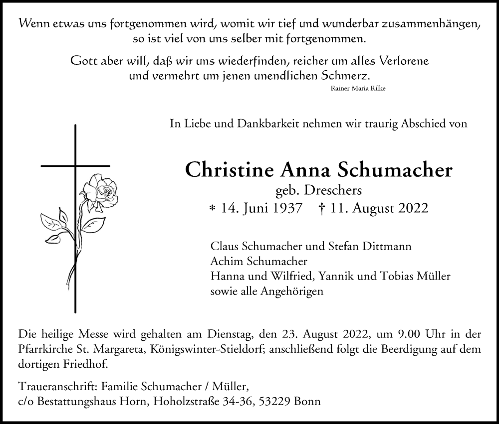  Traueranzeige für Christine Anna Schumacher vom 20.08.2022 aus Kölner Stadt-Anzeiger / Kölnische Rundschau / Express