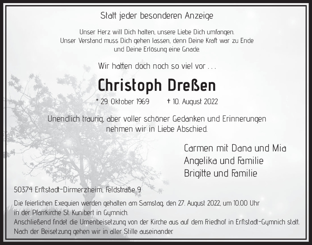  Traueranzeige für Christoph Drellen vom 19.08.2022 aus  Werbepost 