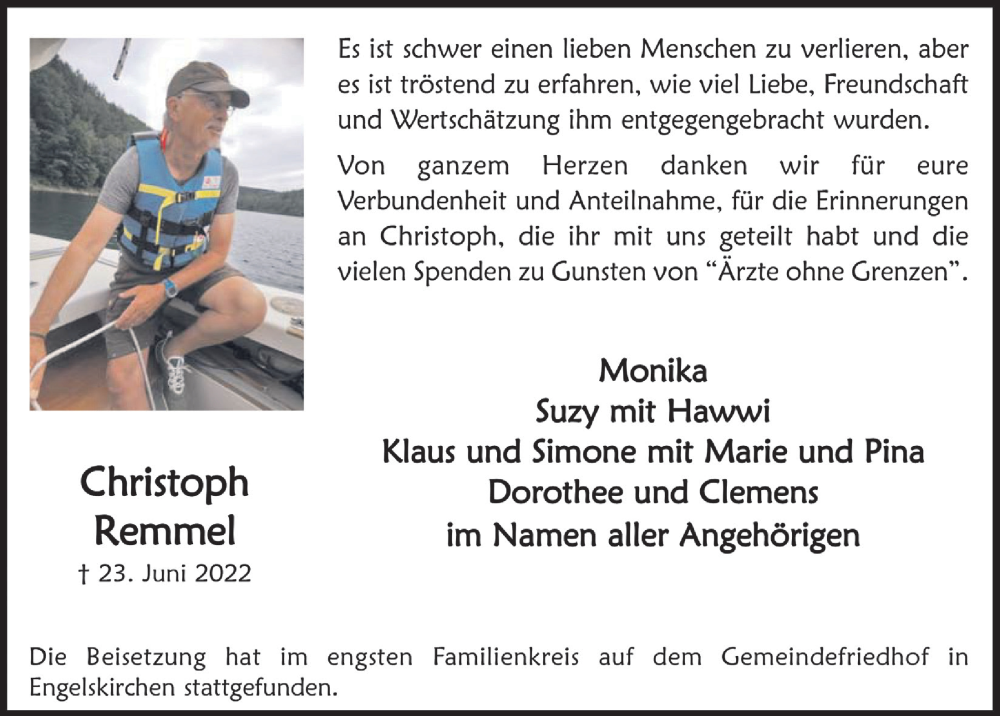  Traueranzeige für Christoph Remmel vom 12.08.2022 aus  Anzeigen Echo 