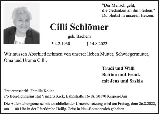 Anzeige von Cilli Schlömer von  Wochenende  Werbepost 