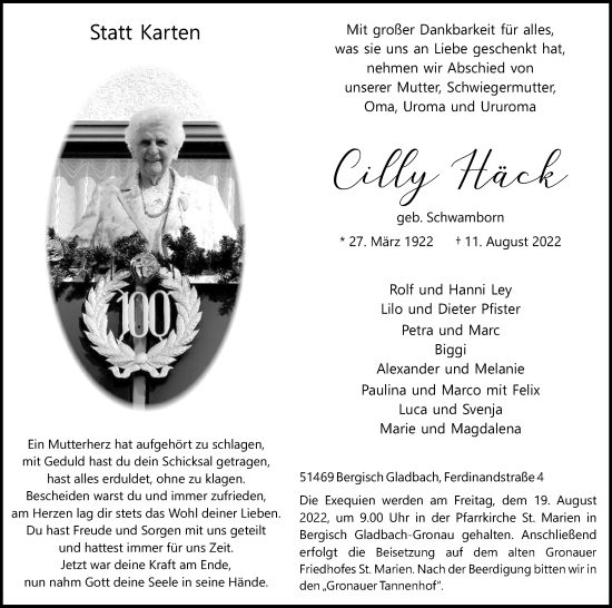 Anzeige von Cilly Häck von Kölner Stadt-Anzeiger / Kölnische Rundschau / Express