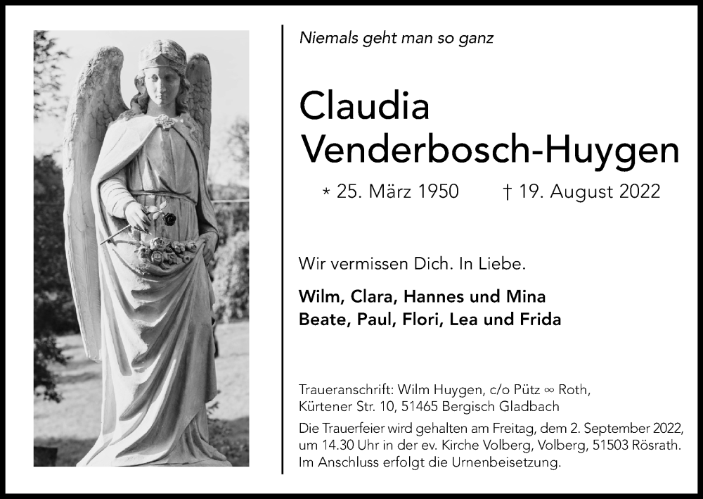  Traueranzeige für Claudia Venderbosch-Huygen vom 27.08.2022 aus Kölner Stadt-Anzeiger / Kölnische Rundschau / Express