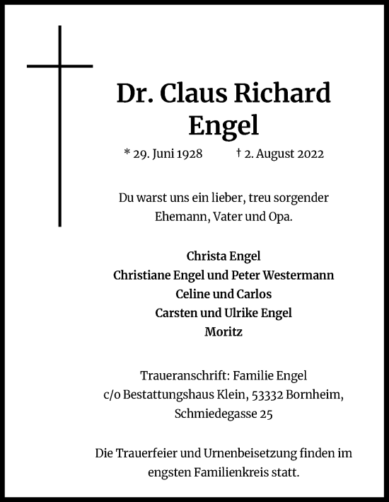 Anzeige von Claus Richard Engel von Kölner Stadt-Anzeiger / Kölnische Rundschau / Express