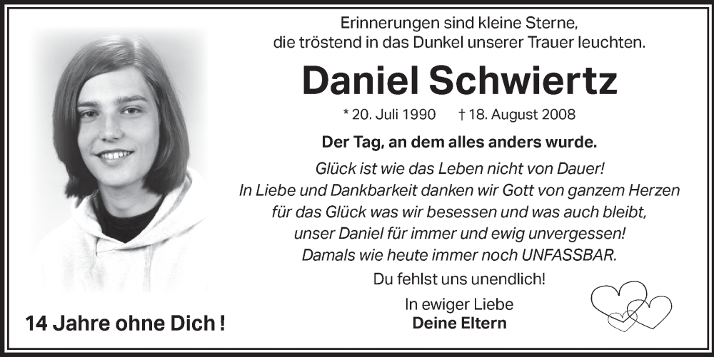  Traueranzeige für Daniel Schwiertz vom 18.07.2023 aus  Bergisches Handelsblatt 