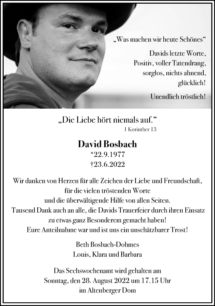  Traueranzeige für David Bosbach vom 20.08.2022 aus Kölner Stadt-Anzeiger / Kölnische Rundschau / Express