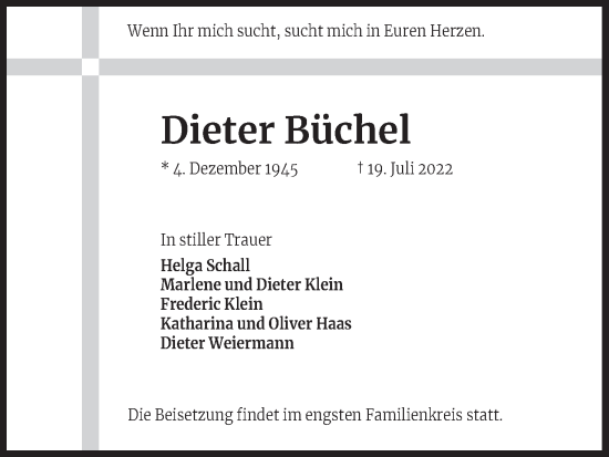 Anzeige von Dieter Büchel von Kölner Stadt-Anzeiger / Kölnische Rundschau / Express