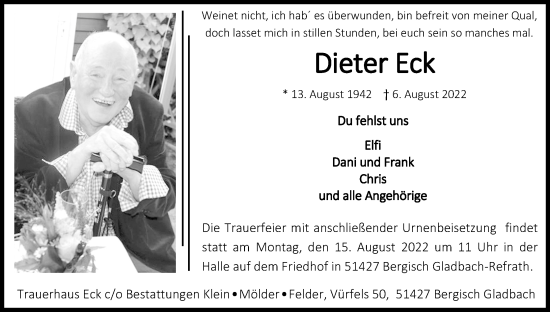 Anzeige von Dieter Eck von Kölner Stadt-Anzeiger / Kölnische Rundschau / Express
