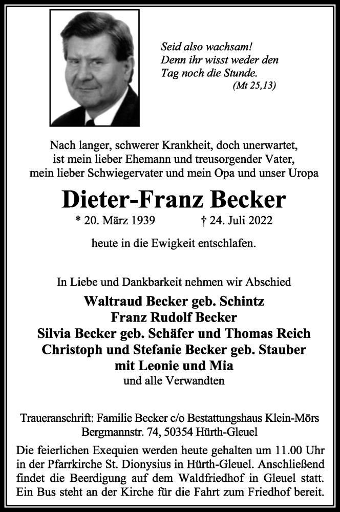  Traueranzeige für Dieter-Franz Becker vom 02.08.2022 aus Kölner Stadt-Anzeiger / Kölnische Rundschau / Express