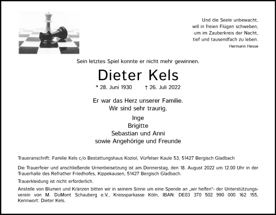 Anzeige von Dieter Kels von Kölner Stadt-Anzeiger / Kölnische Rundschau / Express
